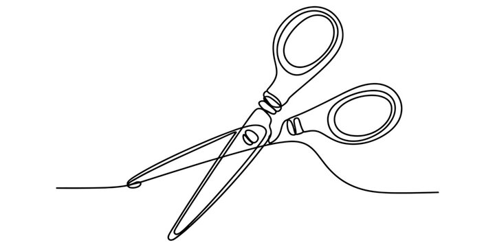 Continuous single line drawing of a pair of metal scissors cutting a piece of thin thread for craft and tailoring projects