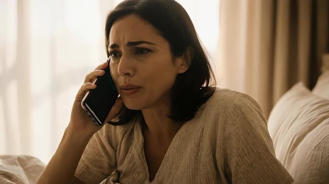 Woman reacting to tragic phone call at night, grief, heartbreak, emotional shock and sudden bad news concept