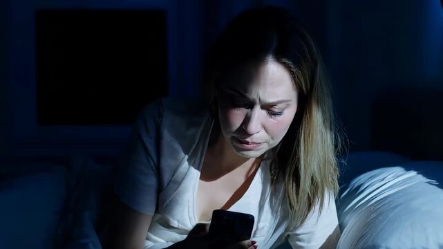 Woman reacting to tragic phone call at night, grief, heartbreak, emotional shock and sudden bad news concept