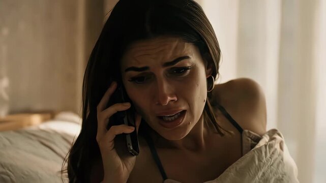 Woman reacting to tragic phone call at night, grief, heartbreak, emotional shock and sudden bad news concept