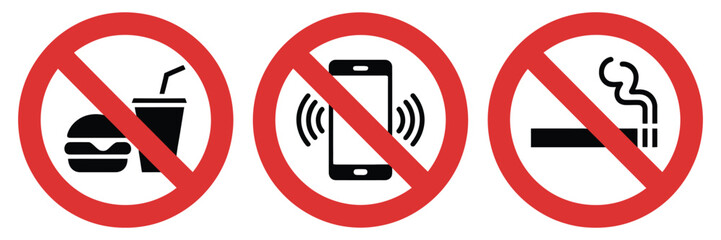 No eating and drinking icons, no mobile phone usage zone symbols, no smoking prohibition signs, restricted and banned activity concepts, clean vector design elements for signage, workplaces © MD REZAUL 1