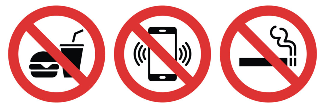 No eating and drinking icons, no mobile phone usage zone symbols, no smoking prohibition signs, restricted and banned activity concepts, clean vector design elements for signage, workplaces