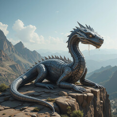 Naklejka premium Ancient Robotic Eastern Dragon on Mountain Ridge