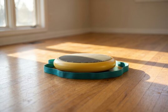 Round balance disc with resistance band on wooden floor in sunlight