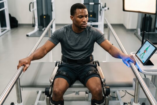 Man sitting in robotic lower-limb exoskeleton rehabilitation device