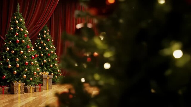 A Festively Decorated Stage With Red Velvet Curtain And Christmas Trees