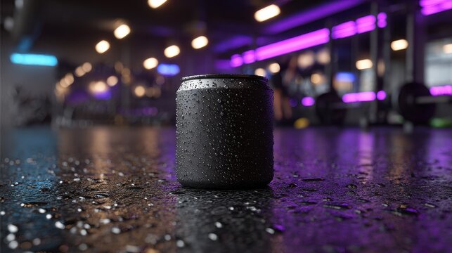 Matte black energy drink can with water droplets on a wet gym floor with neon purple lighting background
