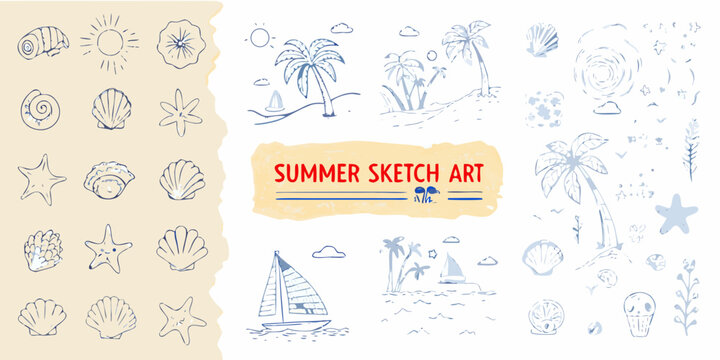 summer sketch art collection with shells stars palm trees and sailboats high quality professional detailed