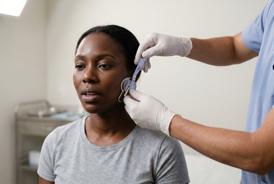 Woman jaw measurement with goniometer medical examination