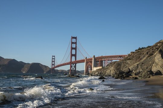 Golden Gate Bridge, Marshall's Beach, rocky coast, San Francisco, USA, North America