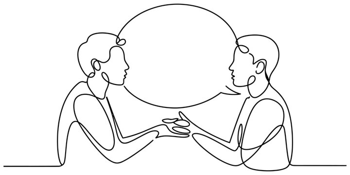 Two men talking to each other with a large speech bubble in a continuous single line drawing style