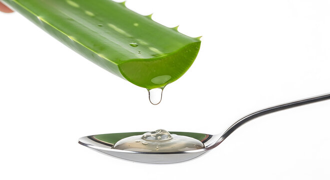 Aloe vera gel dripping from leaf onto metal spoon green