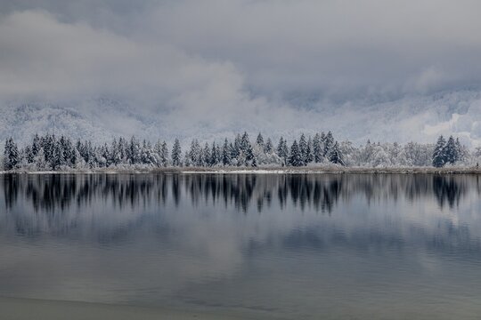 Snow, lake, trees, reflection, clouds, onset of winter, Kochel, Alpine foothills, Bavaria, Germany