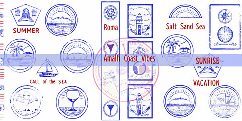 summer holiday stamps with beach scenes and text labels high quality professional detailed modern elegant © RanjanKumar