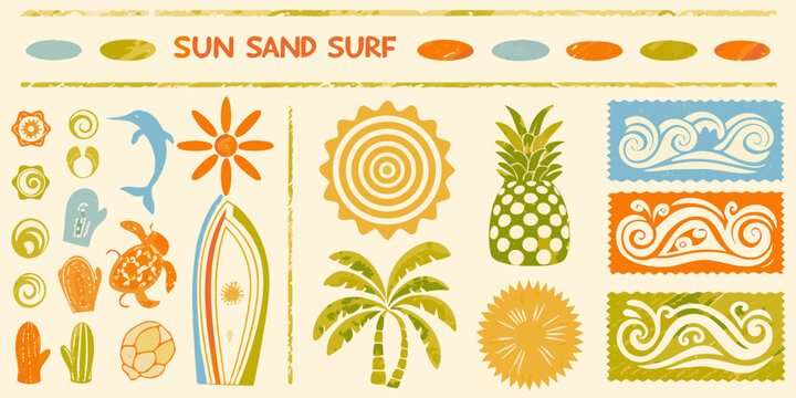 surfboard and tropical icons in retro beach style high quality professional detailed modern elegant stylish