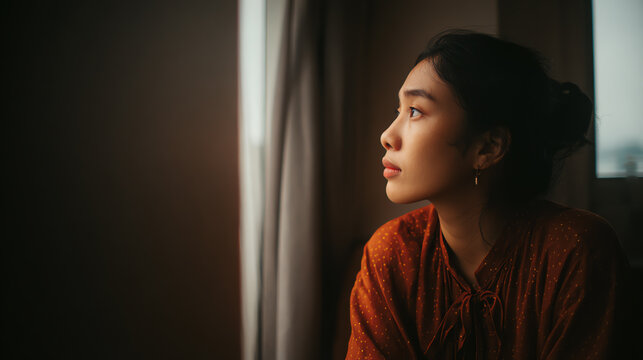 A serene moment of reflection as a young woman gazes thoughtfully out of a window, capturing a sense of peace and introspection.
