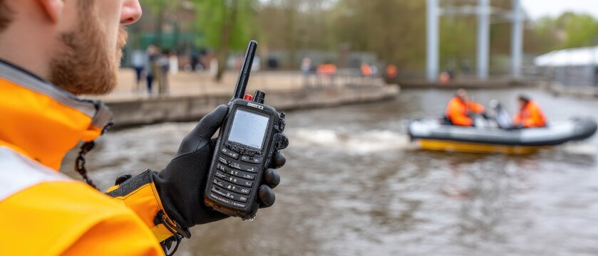 Person in orange waterproof jacket holds walkie talkie while supervising boats on choppy water during outdoor activity