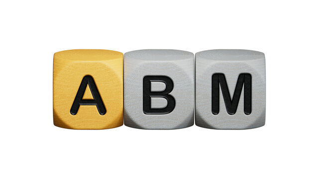 On a white damaged wood board, wooden word cubes are arranged in the letters ABM. It is an abbreviation for Account Based Marketing.Supports PNG files with transparent backgrounds.