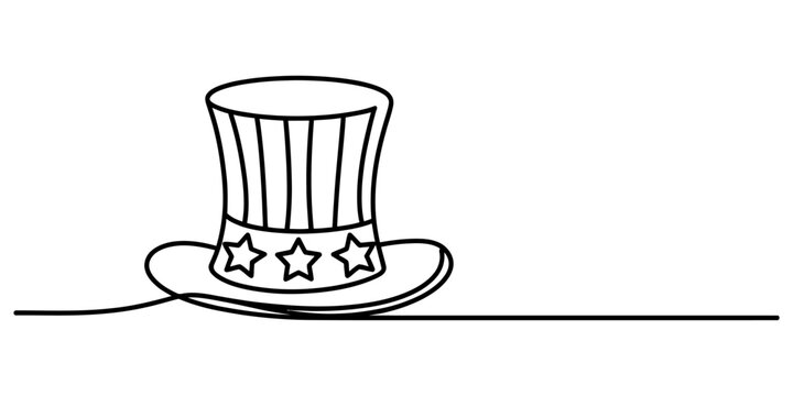 Continuous single line drawing of an american uncle sam hat with stars and stripes pattern