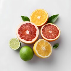 Fototapeta premium Assortment of citrus fruits including oranges grapefruit limes sliced and whole