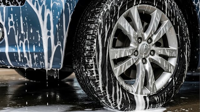 Car tire and wheel covered in soap suds during wash