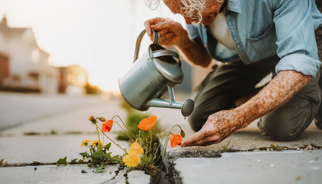 Senior Hands Watering Wildflowers Growing Through a Sidewalk Crack