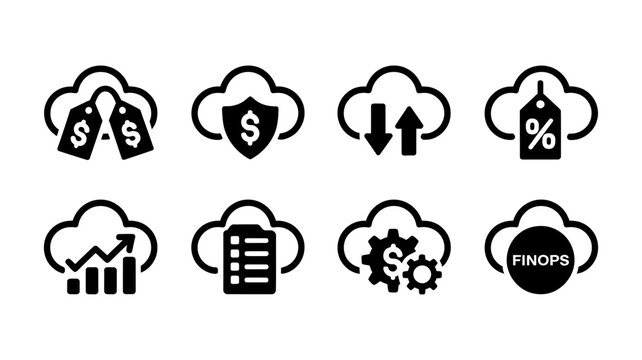 Cloud computing icons: finance security data growth list gear fin ops with computing security download