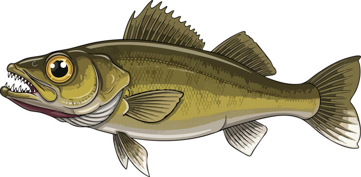 Illustration of a zander fish side view isolated on white background with freshwater predator wildlife pikeperch ichthyology creature isolated illustration realistic ecosystem specimen