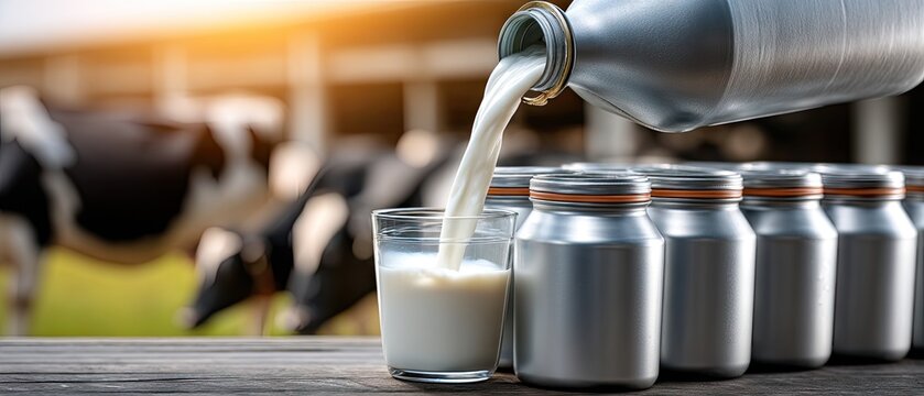 Milk is poured from a large metal container into a smaller metal churn on a sunny farm with grazing cows and a barn in the background