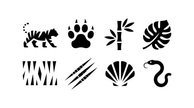 Jungle icons: tiger paw print bamboo leaf sun rays claws shell snake with wildlife footprint seashell