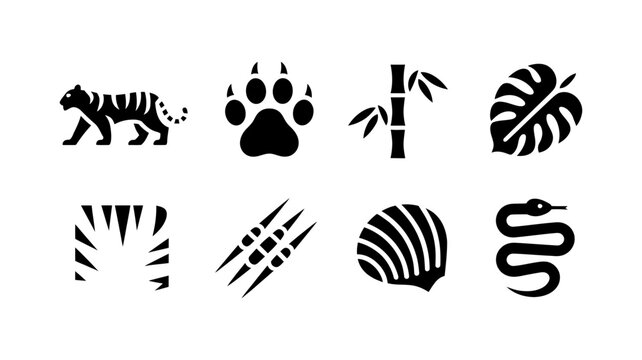 Jungle icons: tiger paw print bamboo leaf sun rays claws shell snake with wildlife footprint seashell