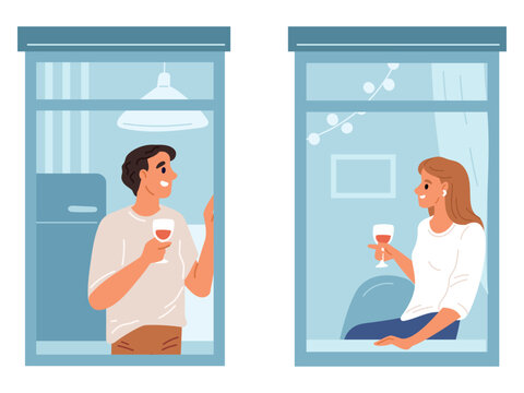 Young man and woman who are neighbors drink wine and talk. Romantic encounter or introduction. People in apartments. Housemates communication. Couple sitting at windowsill. Vector concept