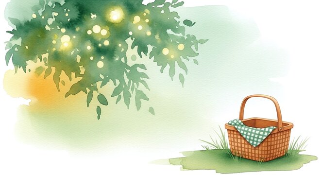 A wicker picnic basket with a checkered cloth set on the grass under leafy trees, with copy space. This inviting scene is perfect for outdoor dining blogs, summer event planning, and lifestyle ads.