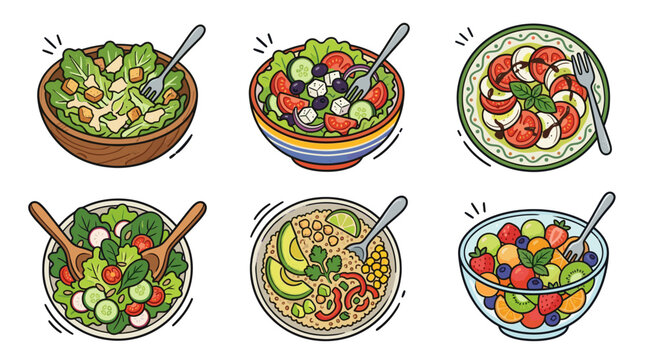 Healthy Salad Food Doodle Illustration Set with Various Recipes