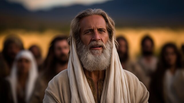 Moses addresses Israel outside the Tabernacle at sunset, his aged authority and the silent assembly revealing covenant duty, unity, and moral resolve.
