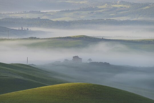 Landscape at sunrise around Volterra, province of Pisa, Tuscany, Italy