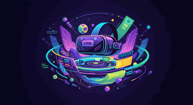 Neon VR headset with colorful swirling lines and futuristic elements