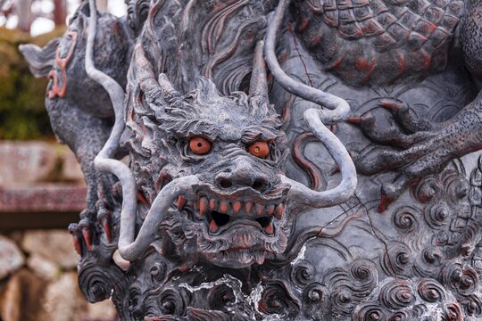 Dragon figure with red eyes, sculpture, Kiyomizu-dera temple, Buddhist temple, Kyoto, Japan