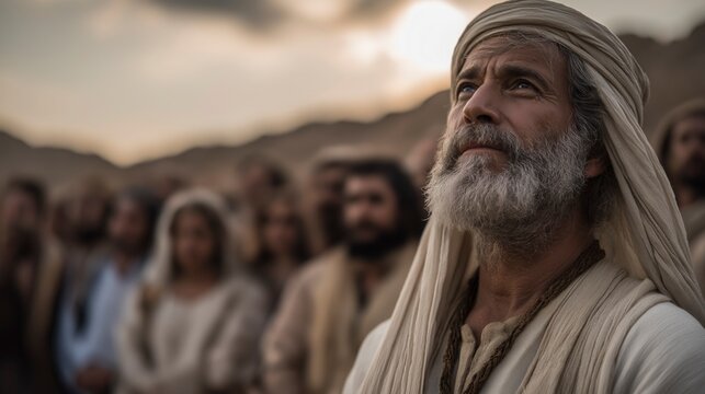 Moses addresses Israel outside the Tabernacle at sunset, his aged authority and the silent assembly revealing covenant duty, unity, and moral resolve.
