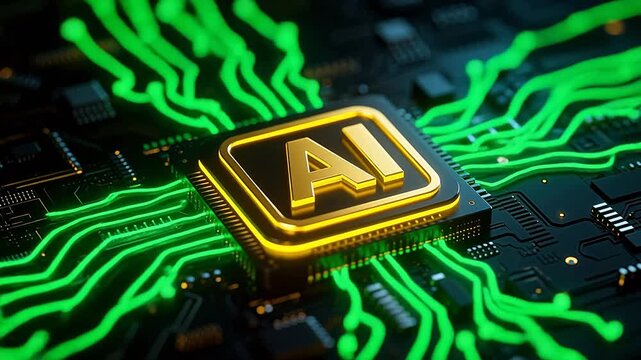 Glowing ai logo on circuit board