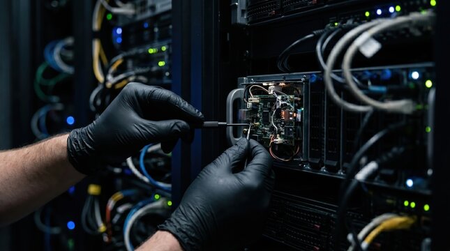 IT technician working on server rack