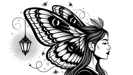 Enchanting Woman with Moth Wings and Lantern, Mystical Fantasy Art © kiki__