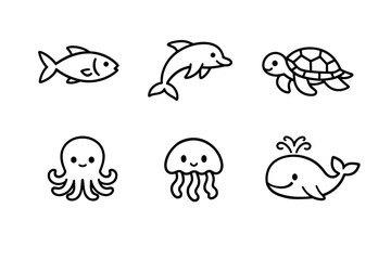 Fototapeta premium Minimal Sea Animals Outline Icon Set with Marine Life Symbols