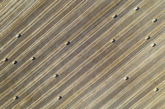 Bales of straw and abstract patterns in cornfield after wheat harvest, aerial view, drone shot, C&oacute;rdoba province, Andalusia, Spain
