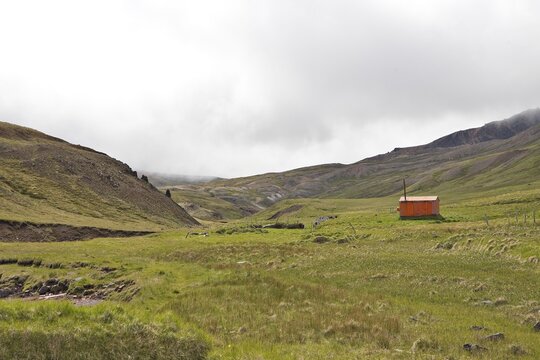 Emergency services hut at Br&uacute;navik Bay, Bakkager&eth;i, Iceland, Atlantic Ocean