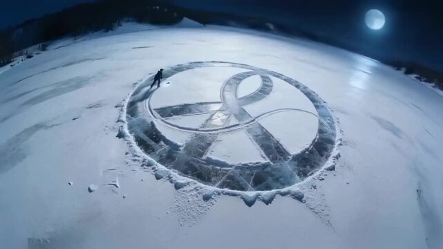 Scraping man in dark parka starting scrape with lit tool on frozen lake, revealing circular design