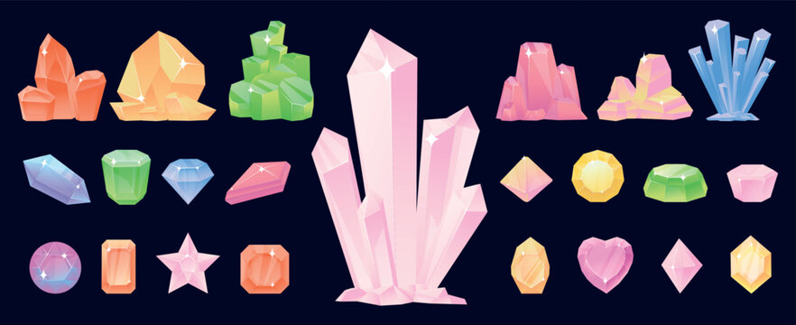 Crystals and precious stones. Brilliant quartz. Jewel minerals. Shiny diamonds. Precious sapphires and rubies. Expensive stalagmites. Delicate crystalline. Natural gemstones vector set