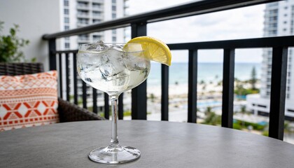 Obraz premium Gin and tonic cocktail with lemon slice and ice in a balloon glass. Balcony view of a tropical beach and ocean. Luxury resort lifestyle concept. Copy space for text