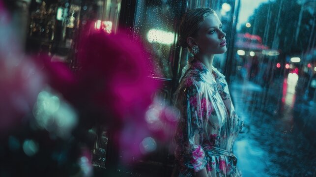 A woman contemplates the rain in the city. Her clothing is brightly colored and contrasts with the somber environment, adding a layer of depth to the photo