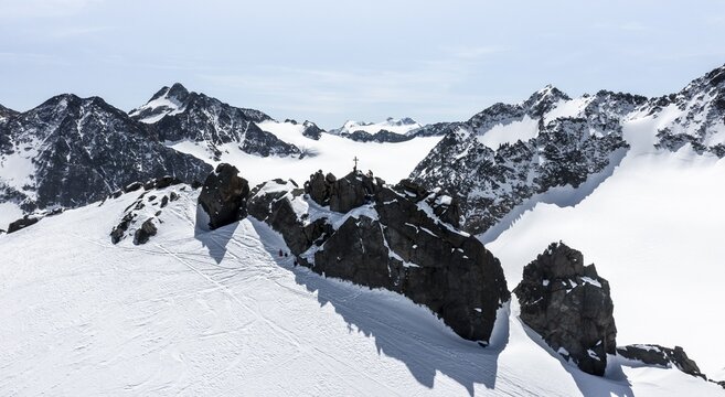 Vorderer Wilder Turm, high mountains with glacier Lisener Ferner, mountains in winter, aerial view, Stubai Alps, Tyrol, Austria